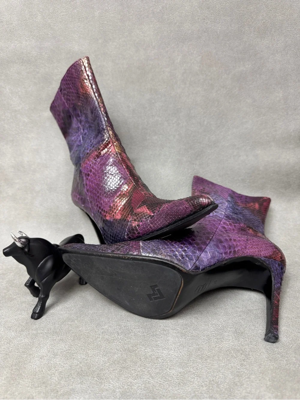 Mario Valentino Purple & Red Snakeskin Pointed-Toe Ankle Boots